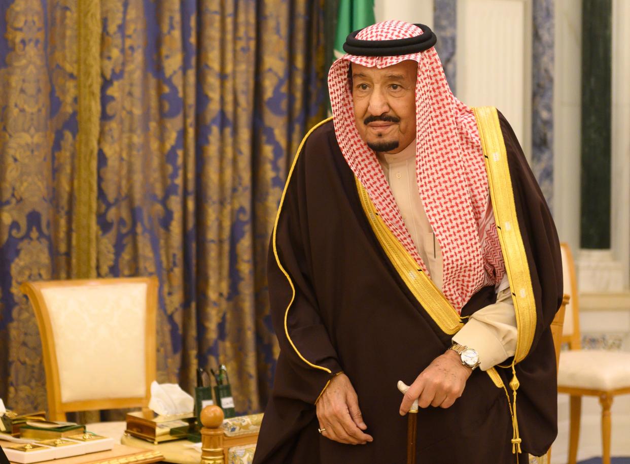 Saudi Arabia’s King Salman bin Abdulaziz  meets with US Secretary of State Mike Pompeo (not pictured) at the Royal Court in Riyadh on 14 January, 2019.  (POOL/AFP via Getty Images)