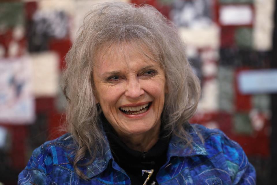 It's a Wonderful Life Bailey Kids actor Karolyn Grimes who played Zuzu, smiles at guests during a press conference on the opening day of the It's a Wonderful Life Festival in Seneca Falls, NY Friday, Dec. 8, 2023.