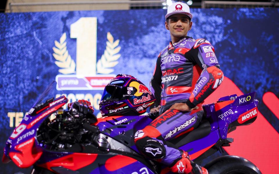 Jorge Martin sits on his Prima Pramac Racing motorcycle during previews ahead of the Bahrain F1 Grand Prix on February 28, 2024