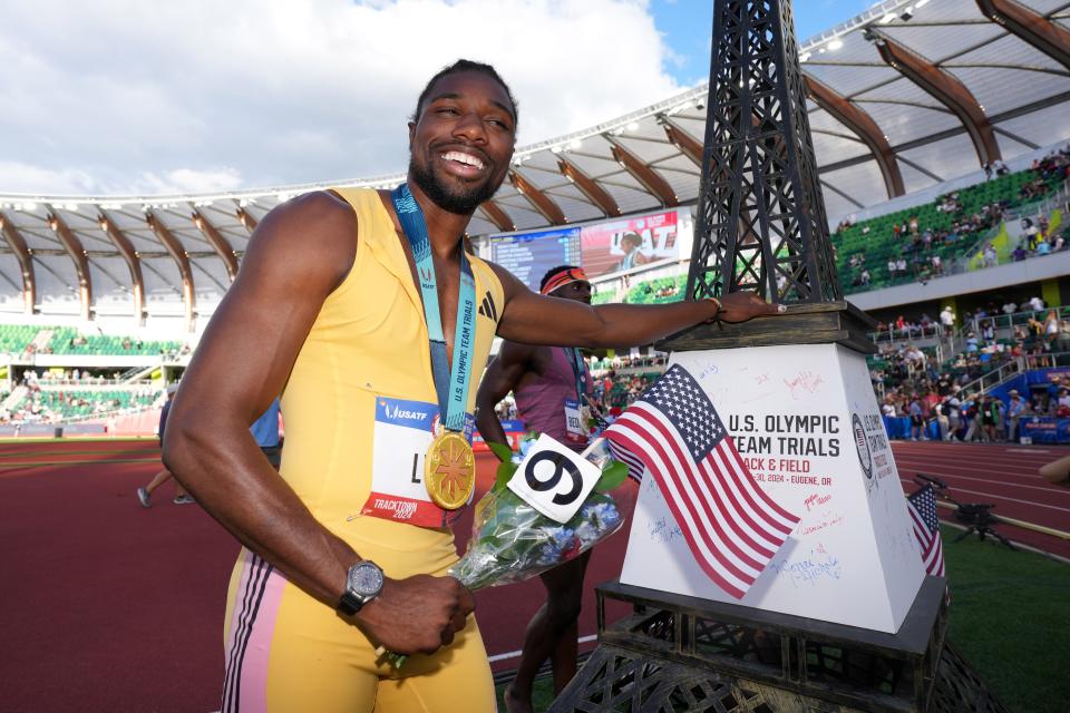 Noah Lyles poses after winning the 200 meters in a meet record time of 19.53 during the U.S. Olympic trials at Hayward Field on June 29.