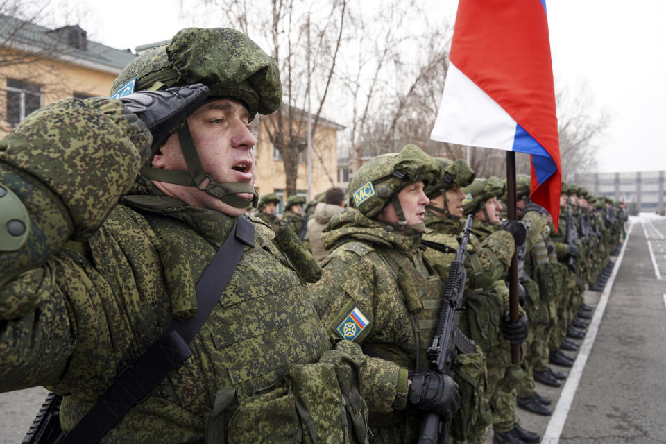 FILE - Russian peacekeepers of the Collective Security Treaty Organization attend the official ceremony of starting withdraw its troops in Almaty, Kazakhstan, Thursday, Jan. 13, 2022. China gave strong verbal backing to Kazakhstan's leader for a deadly crackdown to quell violent unrest - but stood aside as Russia sent in special forces troops. (Vladimir Tretyakov/NUR.KZ via AP, File)