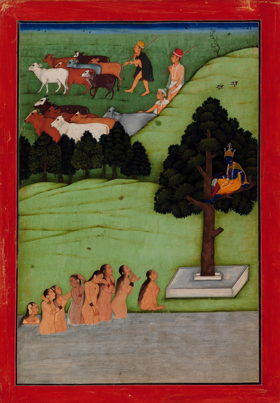 "Krishna Steals the Clothing of the Gopis (Cow&nbsp;Maidens)."&nbsp;Attributed to the artist known as the Early Master at&nbsp;the Court of Mandi.&nbsp;Probably an illustrated folio from a dispersed&nbsp;Bhagavata Purana (The Ancient Story of God)&nbsp;Punjab Hills, kingdom of Mandi, ca. 1640.&nbsp;Opaque watercolor and gold on paper; red border with&nbsp;white and black inner rules; painting 11 7/8 x 8 in.&nbsp;Promised Gift of the Kronos Collections, 2015.