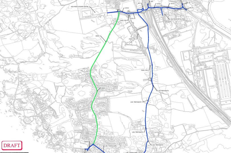 Planned route of a multi-user active travel route (blue line) linking Holyhead with Trearddur Bay