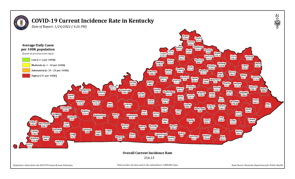 This map issued by the Kentucky Department for Public Health shows incidence rates for COVID-19 in each of the state's 120 counties.