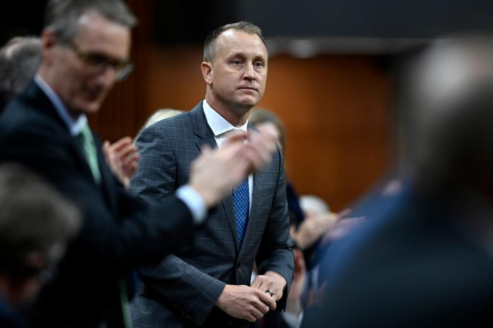 Conservative MP Chris Warkentin rises as he declines the request of Speaker of the House of Commons Anthony Rota, not shown, to retract a comment that he made that used unparliamentary language, during Question Period in the House of Commons on Parliament Hill in Ottawa on Thursday, May 4, 2023.