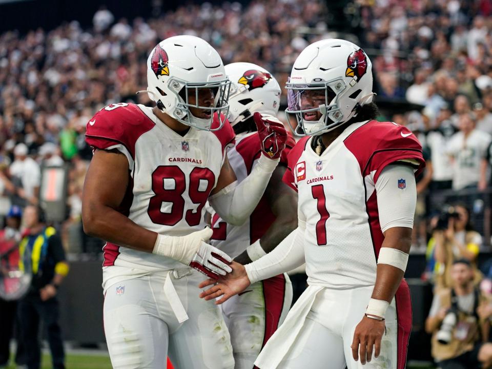 Kyler Murray celebrates a successful two-point conversion against the Las Vegas Raiders.