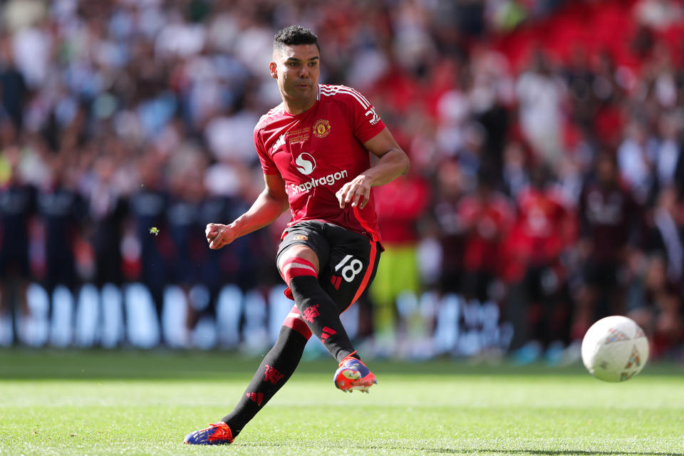 LONDON, ENGLAND - AUGUST 10: Casemiro of Manchester United during the 2024 FA Community Shield match between Manchester United and Manchester City  at Wembley Stadium on August 10, 2024 in London, England. (Photo by James Gill - Danehouse/Getty Images)