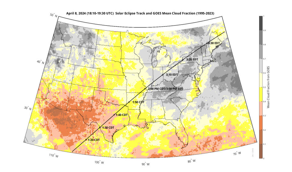 A graphic showing the path of totality for the april 8 solar eclipse and the mean cloud cover.