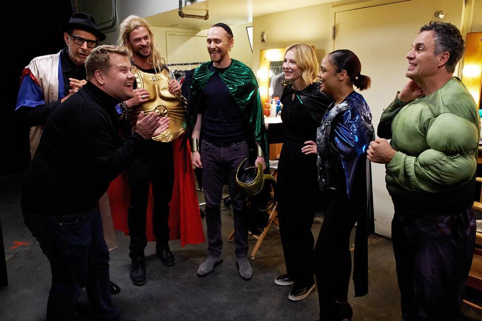 Chris Hemsworth, Tom Hiddleston, Mark Ruffalo, Cate Blanchett, Jeff Goldblum, and Tessa Thompson perform in Thor Live with James Corden during "The Late Late Show with James Corden," Thursday, November 2, 2017 (12:35 PM-1:37 AM ET/PT) On The CBS Television Network.