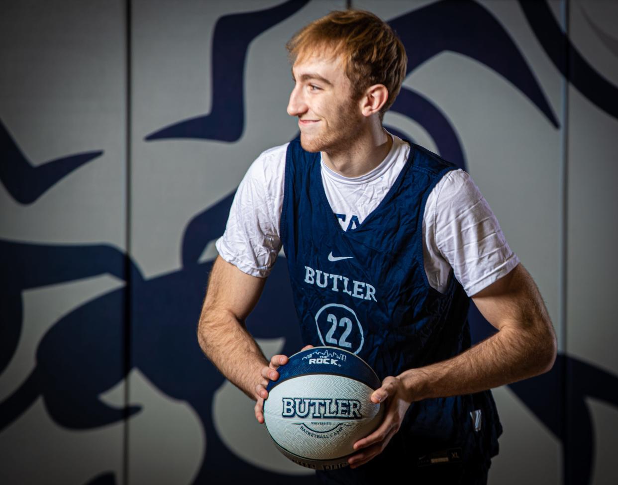 Butler University basketball player Connor Turnbull at Media Day on Wednesday, Oct. 17, 2023, in the Butler University practice gym in Indianapolis.