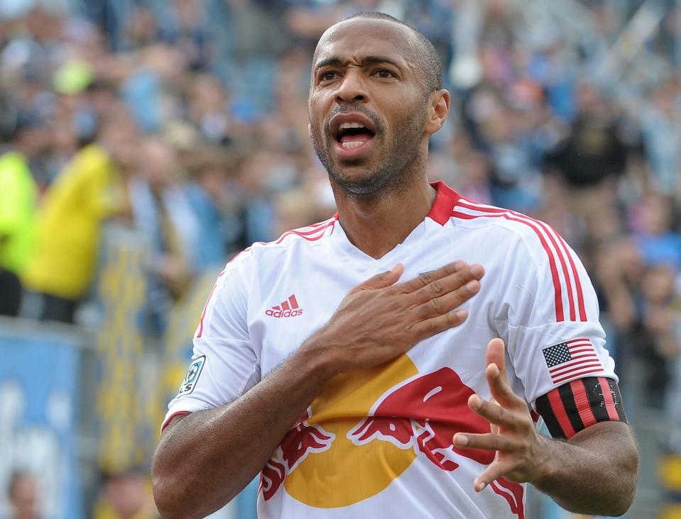 Thierry Henry celebrates his goal against the Philadelphia Union at PPL Park in Chester, Pennsylvania, in 2012.