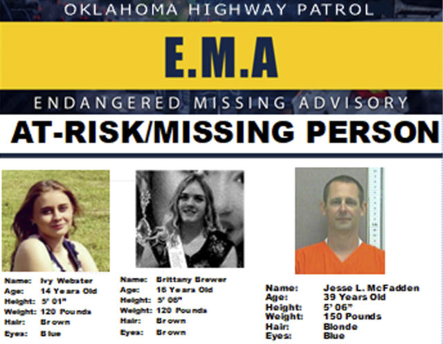 This missing poster provided by the Oklahoma Highway Patrol shows 14-year-old Ivy Webster, left, 16-year-old Brittany Brewer, center, and Jesse McFadden, who were reported missing Monday, May 1, 2023. Authorities discovered the bodies of seven people later in the day while searching a rural Oklahoma property for the two missing teenagers. Oklahoma State Bureau of Investigation spokesman Gerald Davidson said the state medical examiner will have to identify the victims, but authorities were no longer searching for the missing teens or a man they may have been with. The teens were reportedly seen traveling with McFadden, who was on the state's sex offender registry. (Oklahoma Highway Patrol via AP)