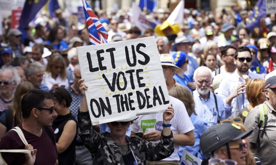 Demonstrators on the People’s March in central London on 23 June 2018, the second anniversary of the Brexit referendum. 