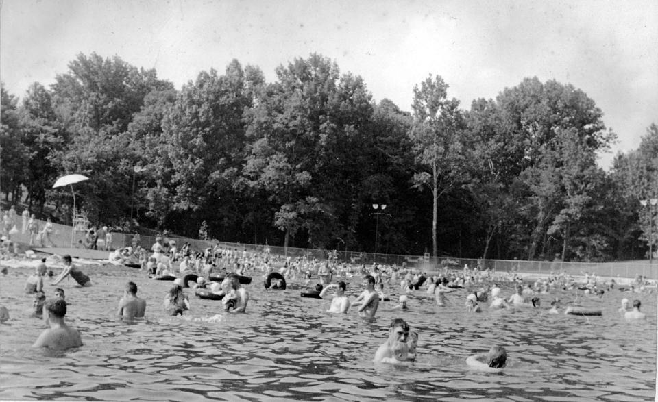 The Scenic Lake at Audubon State Park as it appeared about 1957. The  swimming beach at Audubon State Park was created in 1954 during a blazing hot summer and the lake was filled by means of an eight-inch pipe that was laid to the Ohio River.  The lake has not been used for public swimming since 1997 because of a combination of vandalism, water quality, and liability problems.