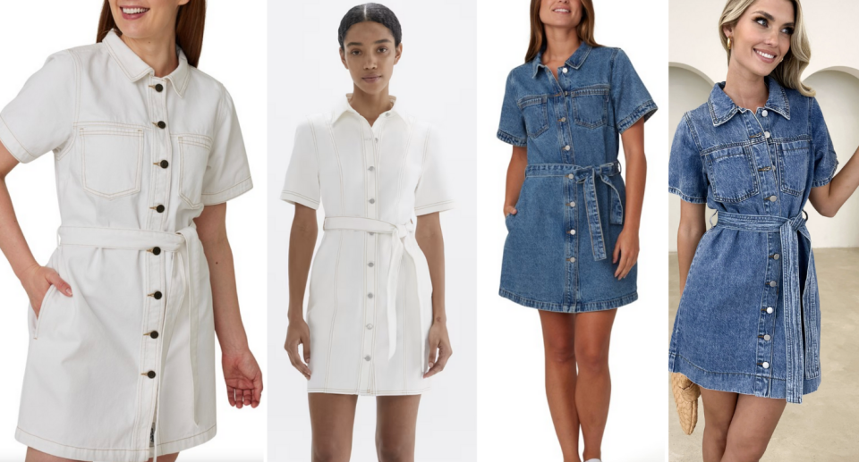 Big W's white denim dress (far left) and the JAG version (second from left) Big W's denim dress (third from left) and the AERE version (right).