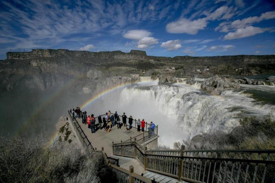 Crowds gather at a lookout near Shoshone Falls.