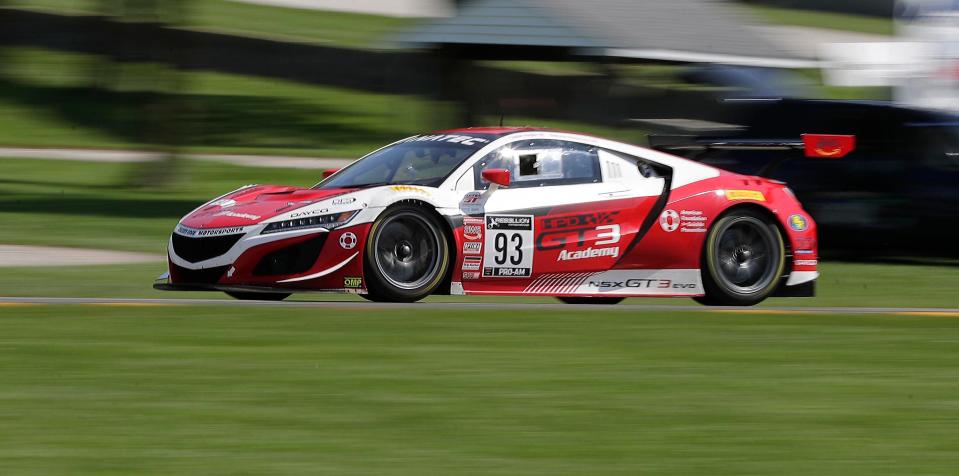 Taylor Hagler pilots his Acura NSX GT3 (93) during the Fanatec World Challenge at Elkhart Lake's Road America, Saturday, August 28, 2021, near Plymouth, Wis.