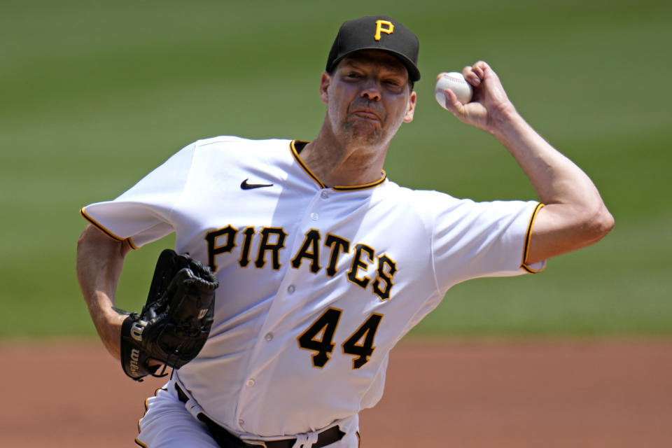 Pittsburgh Pirates starting pitcher Rich Hill delivers during the first inning of a baseball game against the Philadelphia Phillies in Pittsburgh, Sunday, July 30, 2023. (AP Photo/Gene J. Puskar)