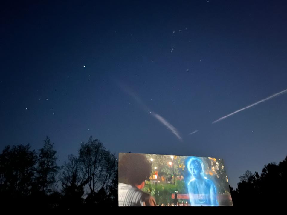 "Ghostbusters: Frozen Empire" is projected under a starry sky onto the second screen of the Monetta Drive-In Theatre, also known as "The Big Mo," in Monetta, S.C. on Friday, March 29, 2024.