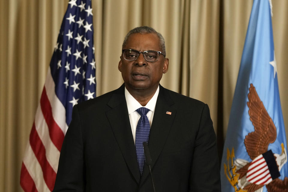 U.S. Defense Secretary Lloyd Austin talks to the media after the meeting of the 'Ukraine Defense Contact Group' at Ramstein Air Base in Ramstein, Germany, Friday, April 21, 2023. The U.S. will begin training Ukrainian forces how to use and maintain Abrams tanks in the coming weeks, as the U.S. continues to speed up its effort to get them onto the battlefield as quickly as possible, U.S. officials said Friday. (AP Photo/Matthias Schrader)