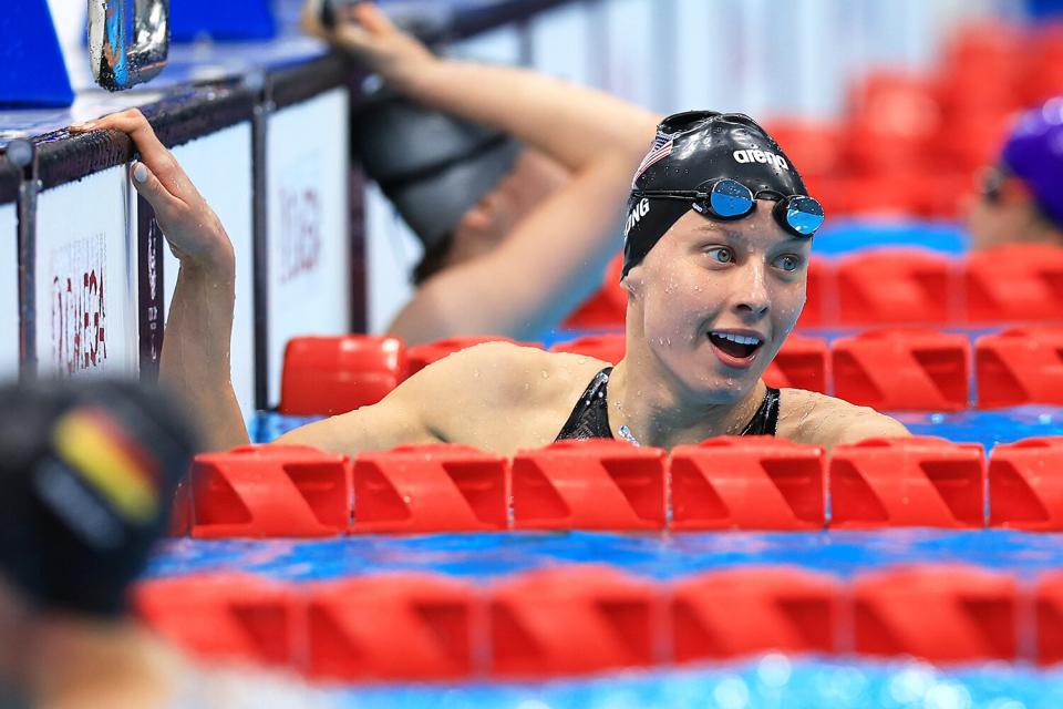 Jessica Long of Team United States reacts after winning the gold medal in the Women's 200m Individual Medley - SM8 Final on day 4 of the Tokyo 2020 Paralympic Games at Tokyo Aquatics Centre on August 28, 2021 in Tokyo, Japan.