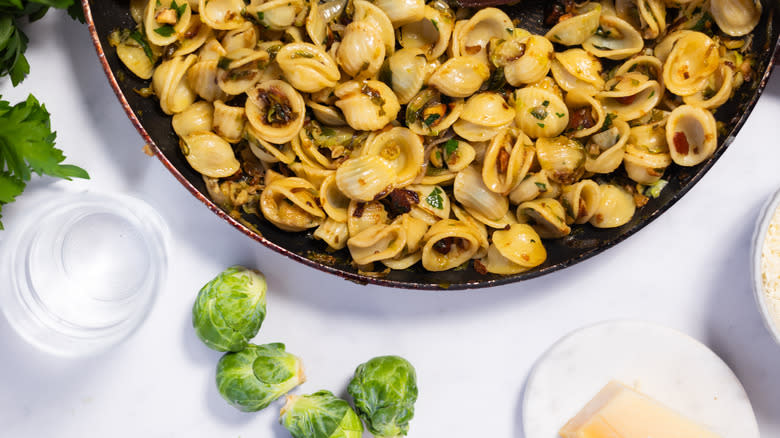 brussels sprout orecchiette pasta in pan 