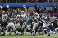 <p>Philadelphia Eagles kicker Jake Elliott (4) misses an extra-point kick against the New England Patriots, during the first half of the NFL Super Bowl 52 football game, Sunday, Feb. 4, 2018, in Minneapolis. (AP Photo/Tony Gutierrez) </p>