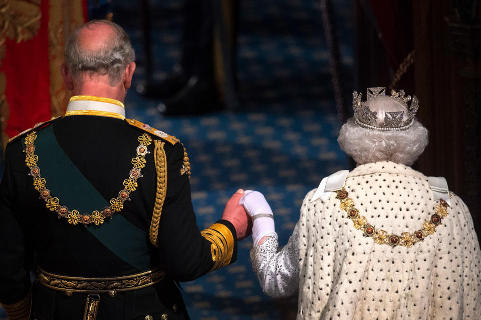 <p>Charles escorted his mother to the throne for one of her royal duties: opening parliament every year. The <a href="https://people.com/royals/prince-charles-state-opening-parliament-behalf-queen-elizabeth/" rel="nofollow noopener" target="_blank" data-ylk="slk:future king would take that task on for the first time in May of 2022;elm:context_link;itc:0;sec:content-canvas" class="link ">future king would take that task on for the first time in May of 2022</a>. </p>