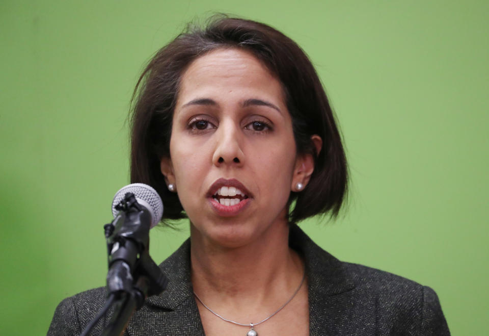 Lib Dem candidate Munira Wilson speaks after winning the Twickenham seat at the count at St Mary's University, Twickenham. (Photo by Steve Parsons/PA Images via Getty Images)