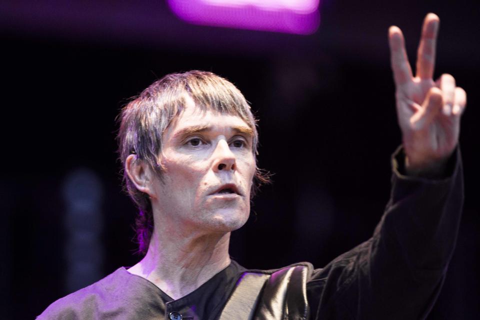 Ian Brown of the Stone Roses performs live on stage at Finsbury Park, London.