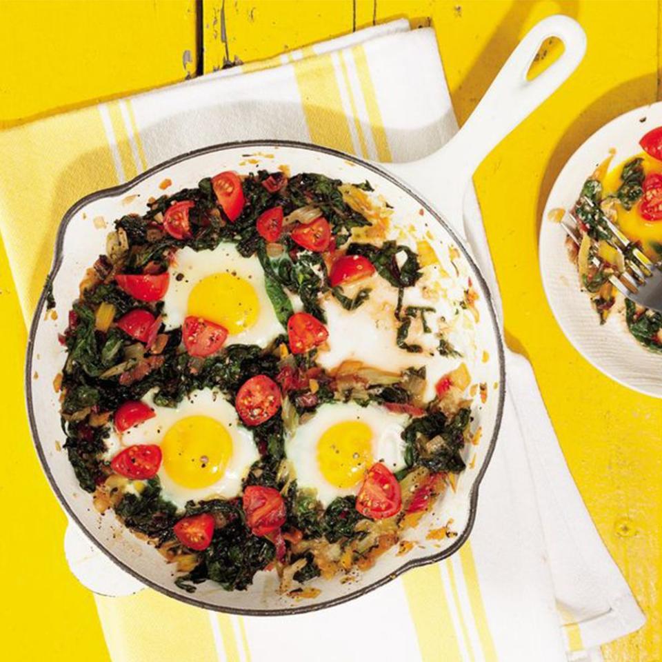 3) Chard Breakfast Skillet with Egg, Onion, and Tomato