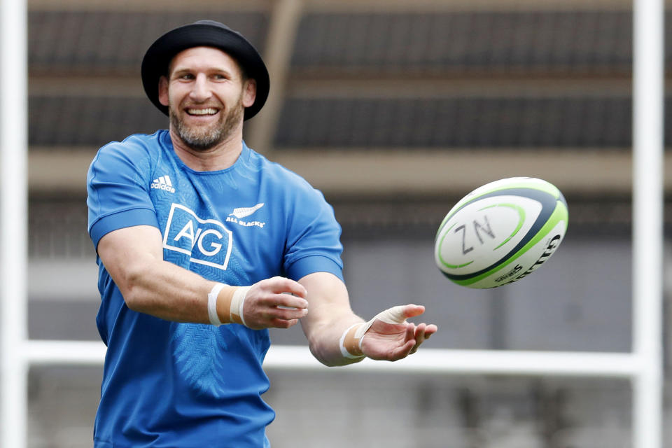 New Zealand's Kieran Read takes part in a training session in Kashiwa, near Tokyo Wednesday, Sept. 11, 2019, ahead of the Rugby World Cup. (Yuki Sato/Kyodo News via AP)