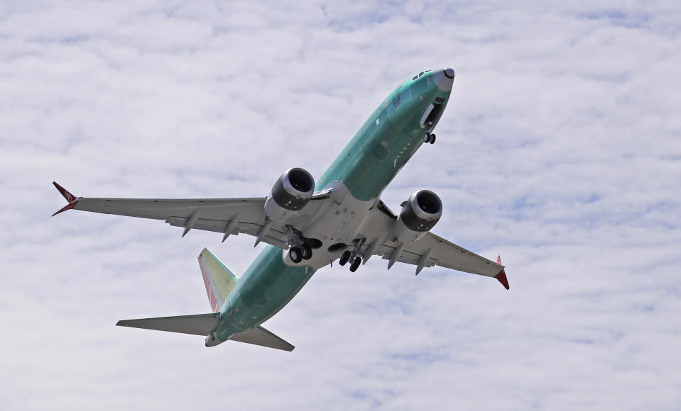 FILE - In this May 8, 2019, file photo a Boeing 737 MAX 8 jetliner being built for Turkish Airlines takes off on a test flight in Renton, Wash. Passengers who refuse to fly on a Boeing Max won’t be entitled to compensation if they cancel. However, travel experts think airlines will be very flexible in rebooking passengers of giving them refunds if they’re afraid to fly on a plane that has crashed twice. (AP Photo/Ted S. Warren, File)