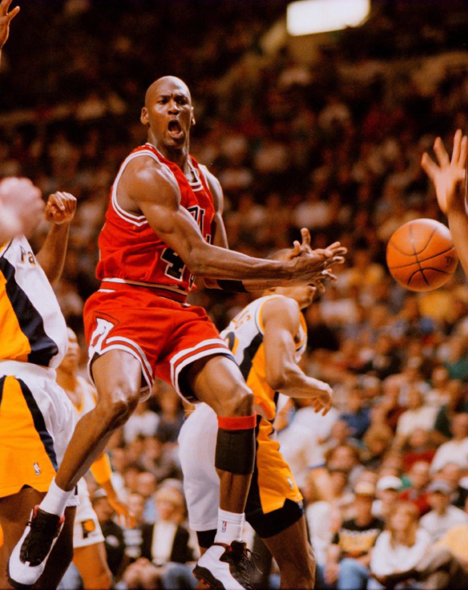 On March 19, 1995, Michael Jordan returned to the NBA and the Chicago Bulls. His first game, against the Indiana Pacers, was a worldwide media event. The Bulls lost in overtime. (Getty Images)