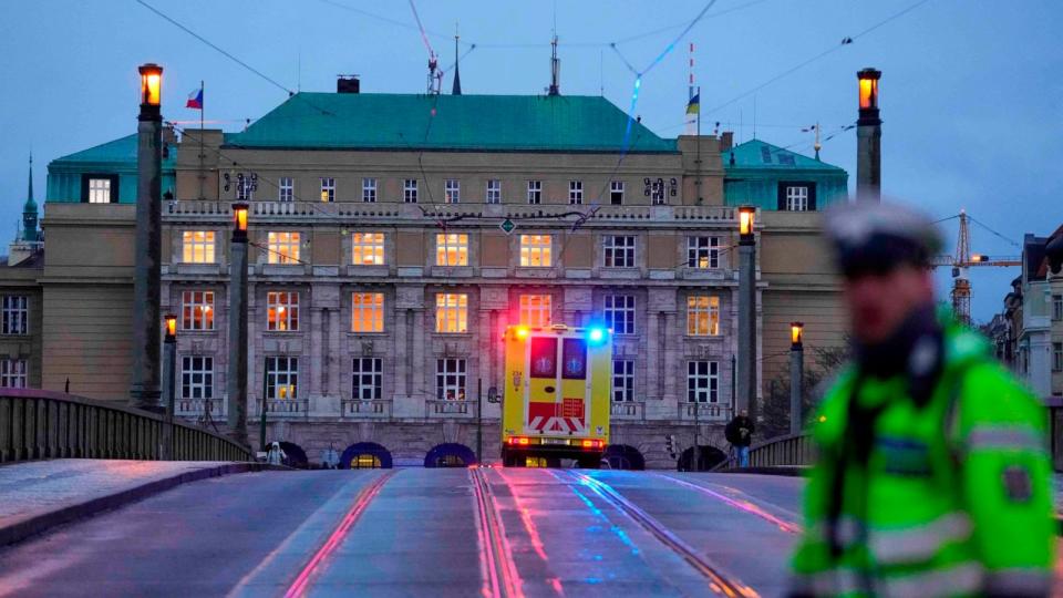 PHOTO: An ambulance drives towards the building of Philosophical Faculty of Charles University in downtown Prague, Czech Republic, Dec. 21, 2023. (Petr David Josek/AP)