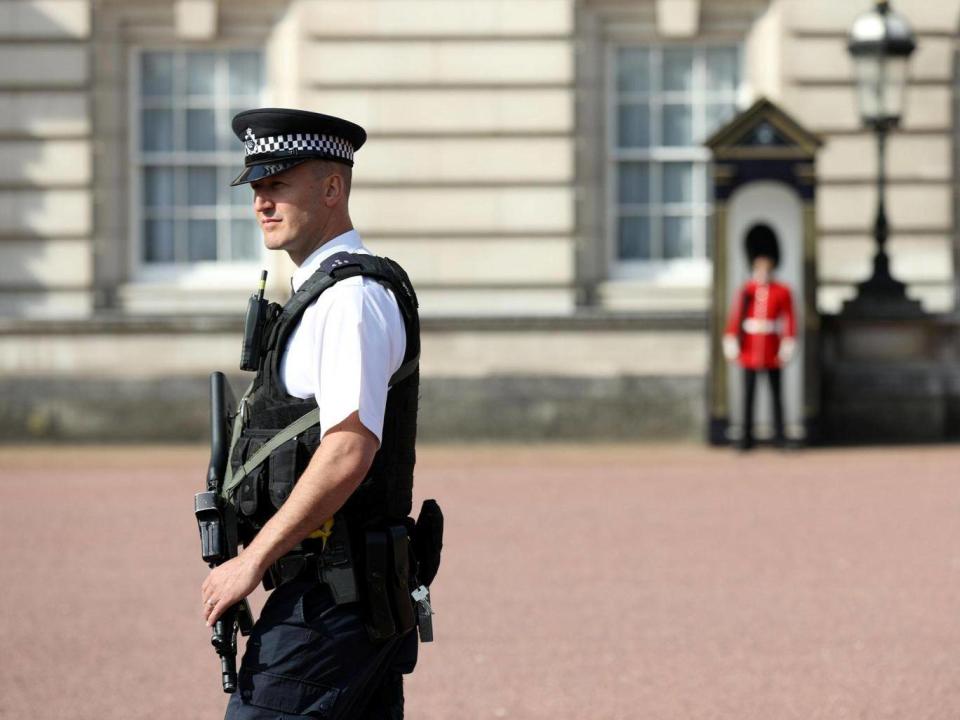 A police officer patrols within the grounds of Buckingham Palace in London (Reuters)