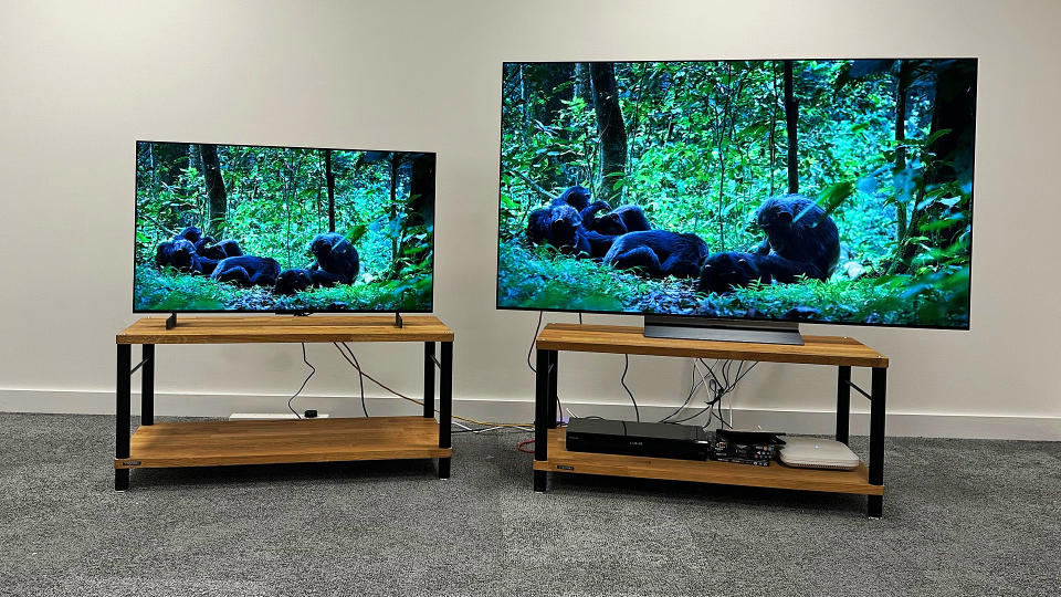 LG OLED42C3 next to its larger variant, both on AV racks