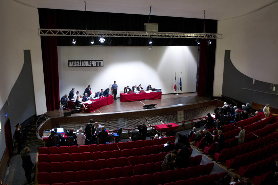 The Teatro Moderno theater is converted into a court room to accommodate all the survivors and relatives of the victims of the 2012 shipwreck during the trial of Captain Francesco Schettino, in Grosseto, Italy, Tuesday, Sept. 24, 2013. The captain of the wrecked Costa Concordia is charged with manslaughter, causing the shipwreck and abandoning ship before the luxury cruise liner's 4,200 passengers and crew could be evacuated on Jan. 13, 2012 when the ship collided with a reef off the Tuscan island of Giglio, killing 32 people. (AP Photo/Andrew Medichini)