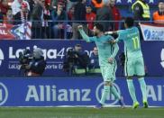 Football Soccer - Atletico Madrid v Barcelona - Spanish La Liga Santander - Vicente Calderon Stadium, Madrid, Spain, 26/02/17 Barcelona's Lionel Messi celebrates with team mate Neymar after scoring a goal. REUTERS/Juan Medina