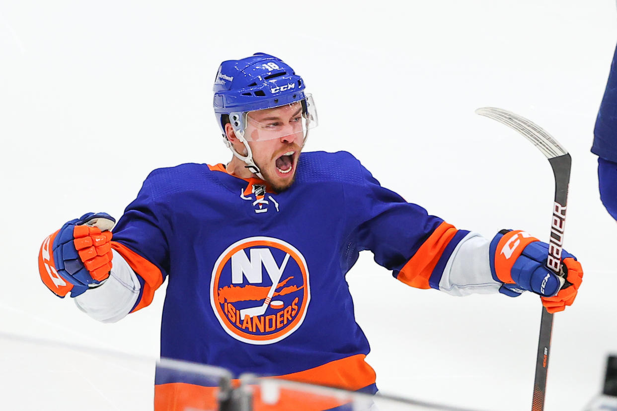 UNIONDALE, NY - JUNE 23: New York Islanders left wing Anthony Beauvillier (18) celebrates after scoring the game winning goal during the overtime period of game 6 of the Stanley Cup Playoffs Semifinals game between the New York Islanders and the Tampa Bay Lightning on June 23, 2021 at the Nassau Veterans Memorial Coliseum in Uniondale, NY.   (Photo by Rich Graessle/Icon Sportswire via Getty Images)