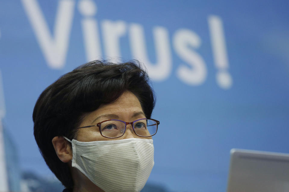 Hong Kong Chief Executive Carrie Lam speaks during a press conference in Hong Kong, Friday, July 31, 2020. She announce to postpone legislative elections scheduled for Sept. 6, citing a worsening coronavirus outbreak. (AP Photo/Kin Cheung)