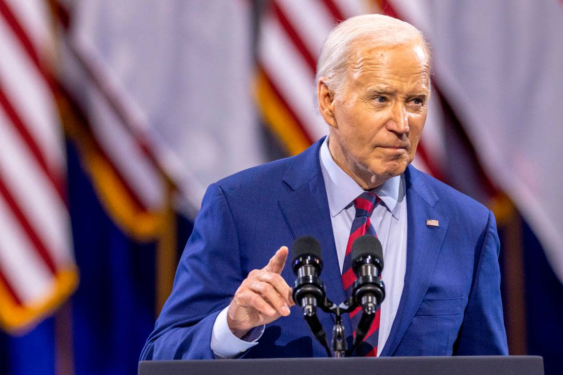 President Joe Biden touts a $3 billion federal program to help water utilities nationwide find and replace lead service lines during remarks at the Wilmington Convention Center on Thursday, May 2, 2024. Travis Long/tlong@newsobserver.com