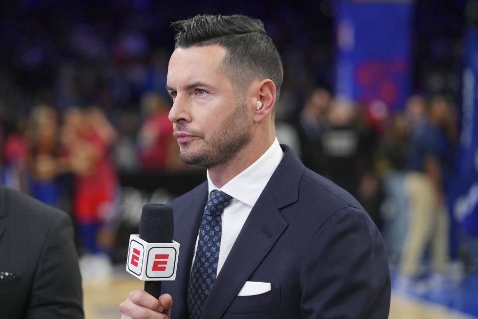 PHILADELPHIA, PA - MARCH 02: ESPN analyst JJ Redick looks on prior to the game between the New York Knicks and Philadelphia 76ers at the Wells Fargo Center on March 2, 2022 in Philadelphia, Pennsylvania. NOTE TO USER: User expressly acknowledges and agrees that, by downloading and or using this photograph, User is consenting to the terms and conditions of the Getty Images License Agreement. (Photo by Mitchell Leff/Getty Images)