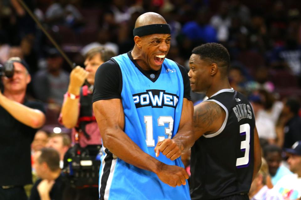 Jerome Williams, left, takes part in the BIG3 three-on-three basketball league in 2017.