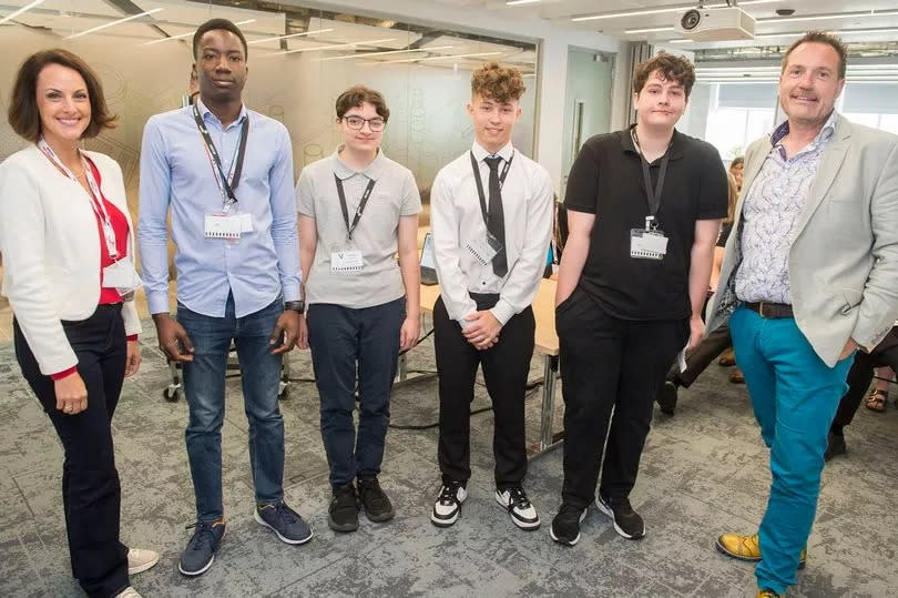 From left, Yazid Fakunle, Jay Andrews, Rilee Agius and Finley Nichols, all Year 12 engineering students at Ron Dearing UTC, pictured with Reckitt Chief Research and Development (R&D) Officer, Dr Angela Naef, and Dr Bruce Charlesworth, Chief Medical Officer and Hull Campus Lead at Reckitt.