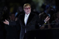 Elton John performs on the South Lawn of the White House in Washington, Friday, Sept. 23, 2022. John is calling the show "A Night When Hope and History Rhyme," a reference to a poem by Irishman Seamus Heaney that President Joe Biden often quotes. (AP Photo/Susan Walsh)