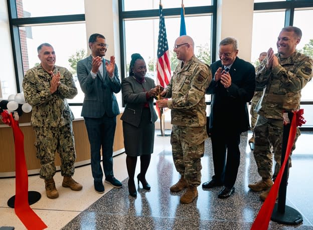 Senior leaders and distinguished visitors celebrate the official opening of the Langley Veterans Affairs Clinic at Joint Base Langley-Eustis, Virginia, May 20, 2024. (U.S. Air Force photo by Senior Airman Mikaela Smith)