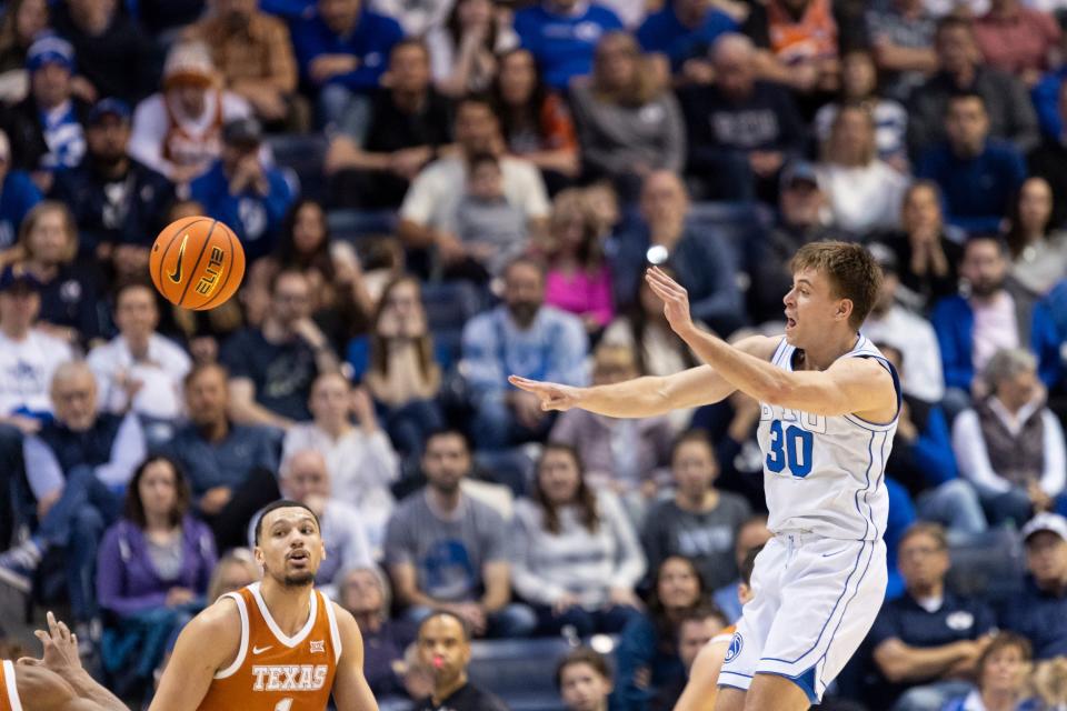 BYU guard, Dallin Hall (30) passes the ball during a game against Texas in Provo on Saturday, Jan. 27, 2024. BYU won 84-72. | Marielle Scott, Deseret News