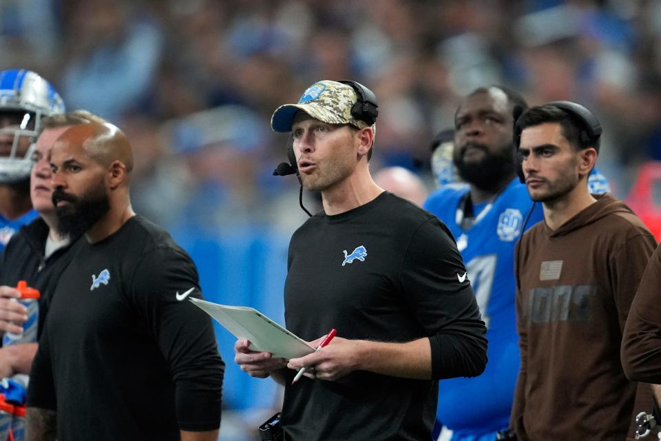 Detroit Lions offensive coordinator Ben Johnson watches during an NFL football game against the Chicago Bears in Detroit, Sunday, Nov. 19, 2023.