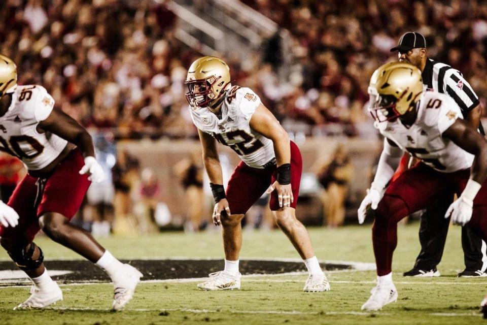 Boston College linebacker Vinny DePalma (42), a DePaul Catholic alumnus, enters his final college season. DePalma is a 2023 Preseason All-Atlantic Coast Conference selection and will earn a master’s degree in Sports Administration this upcoming school year.